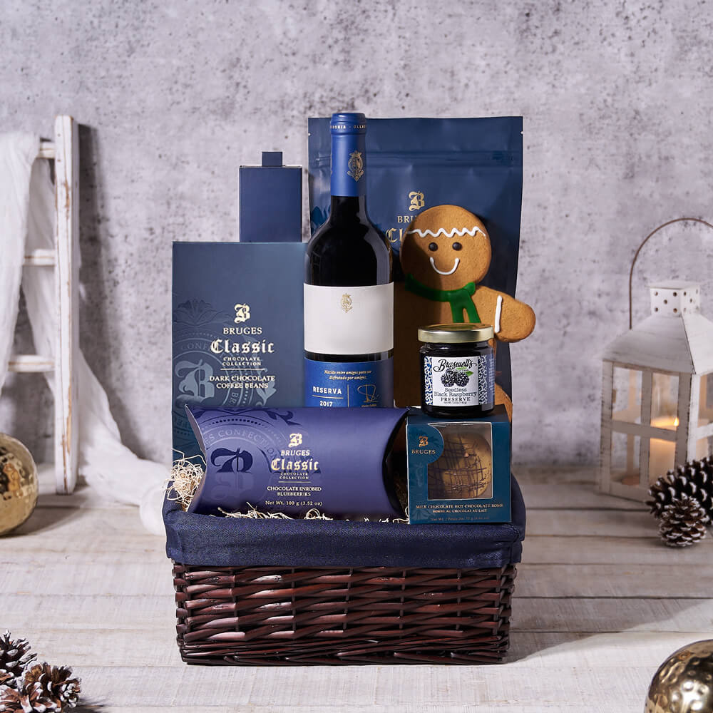 Winter Treats Gift Basket With Wine, christmas gift, christmas, holiday gift, holiday, wine gift, wine, chocolate gift, chocolate, gourmet gift 
