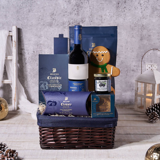 Winter Treats Gift Basket With Wine, christmas gift, christmas, holiday gift, holiday, wine gift, wine, chocolate gift, chocolate, gourmet gift 