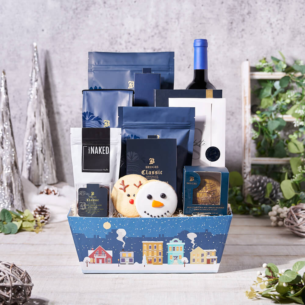 Winter Gourmet Wine and Chocolate Gift – how the gift is presented