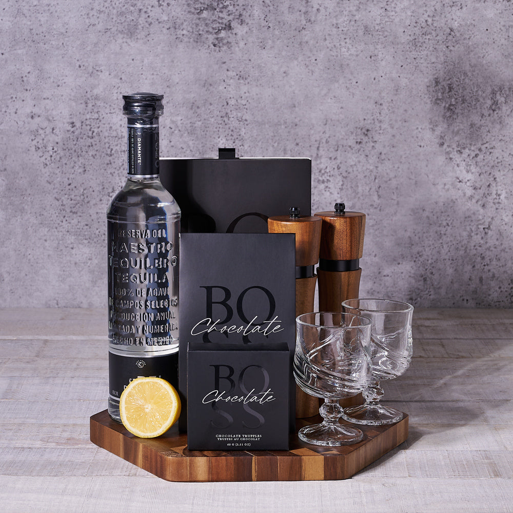 Signature Liquor Gift Basket with Truffles – how the gift is presented