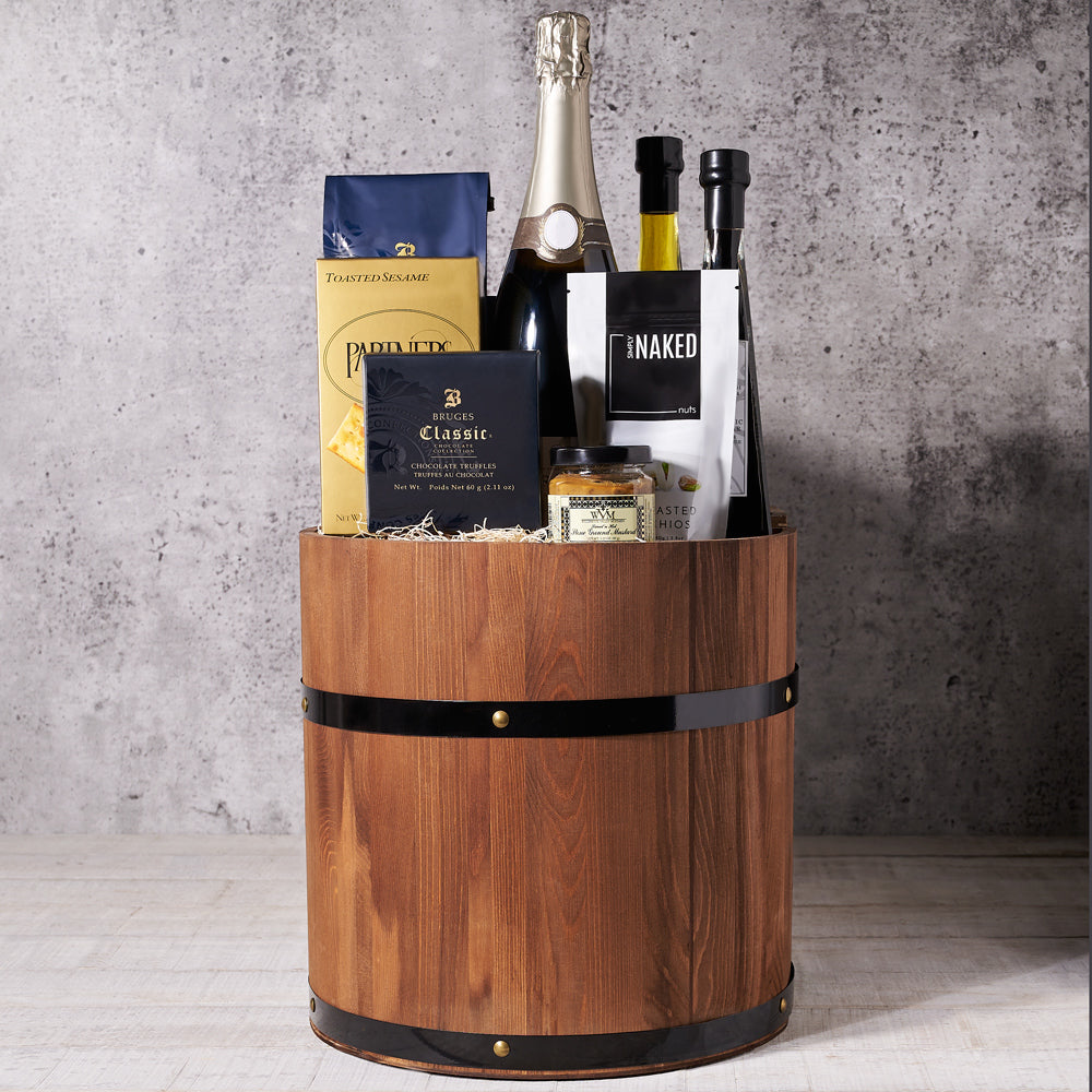 Sparkling Wine Gift in Wooden Barrel – how the gift is presented