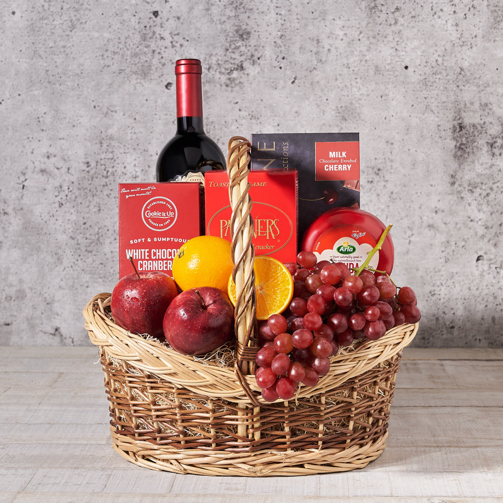 Wine and Nutty Gouda Gift Basket – how the gift is presented