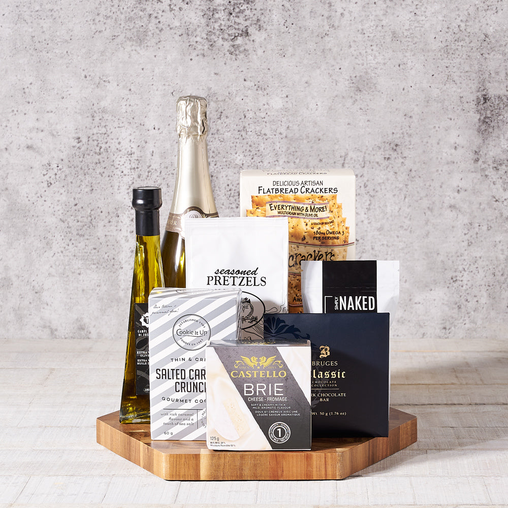 Champagne Delight Gift Board, Gourmet Gift Baskets, Champagne Gift Baskets, Crackers, Champagne, Cheese, Chocolate bar, Nuts, Cookies