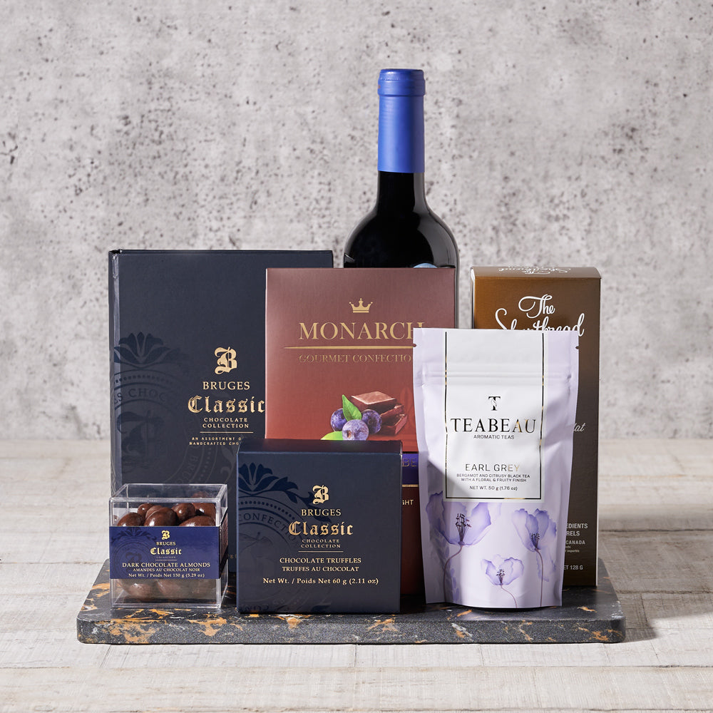 Classic Wine and Bruges Chocolates Basket – how the gift is presented